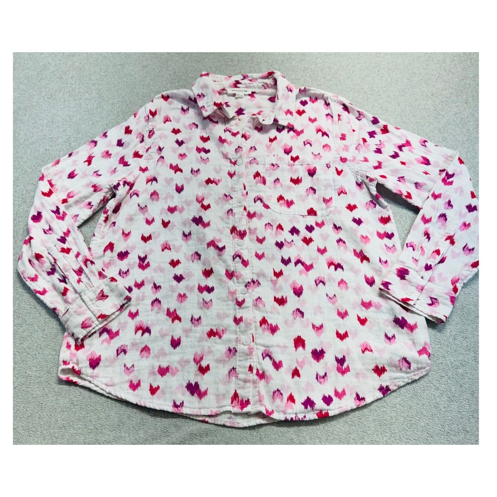 Beachlunchlounge Button Down Womens L White Pink Heart Ikat Cotton Gauze Top